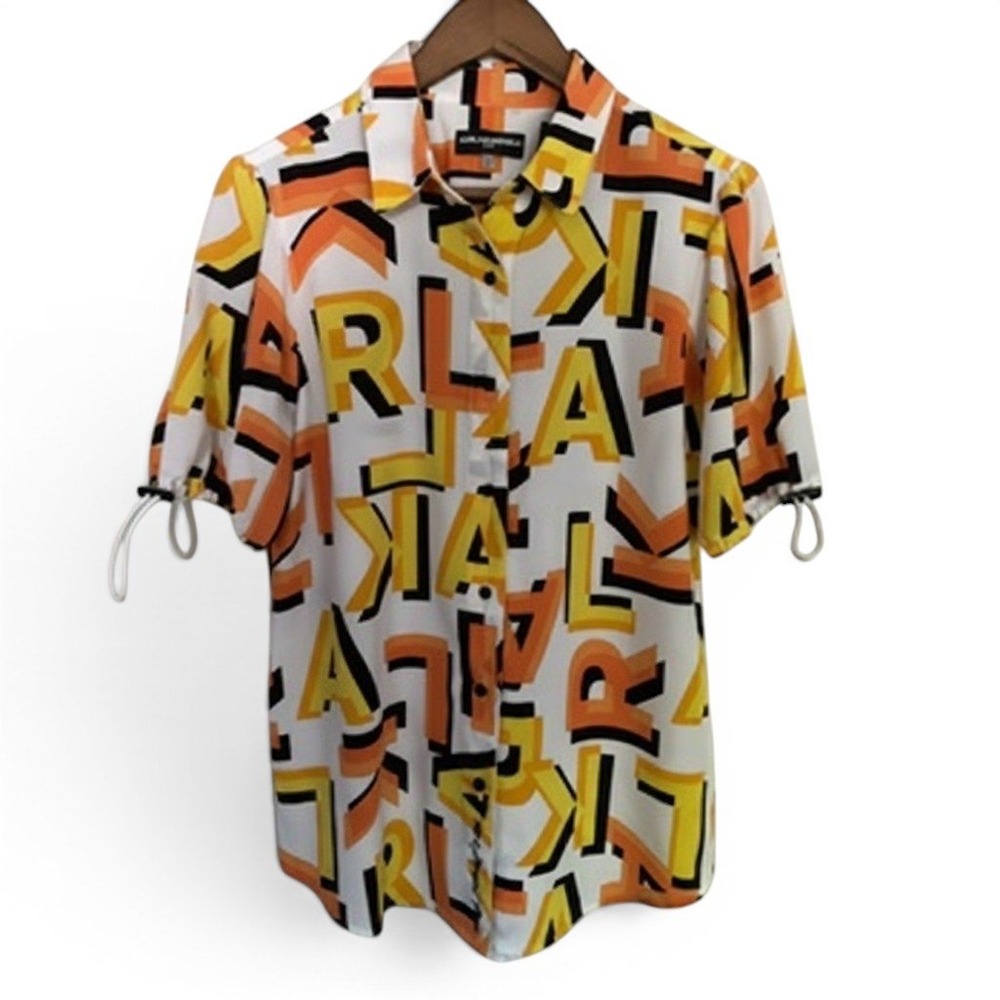 Karl Lagerfeld Paris Womens Logo Print Button Down Shirt Orange Yellow Small
